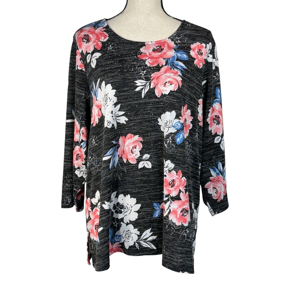 Croft & Barrow 1X-Large Top Floral Stretch 3/4 Sleeves Embellished Round Neck